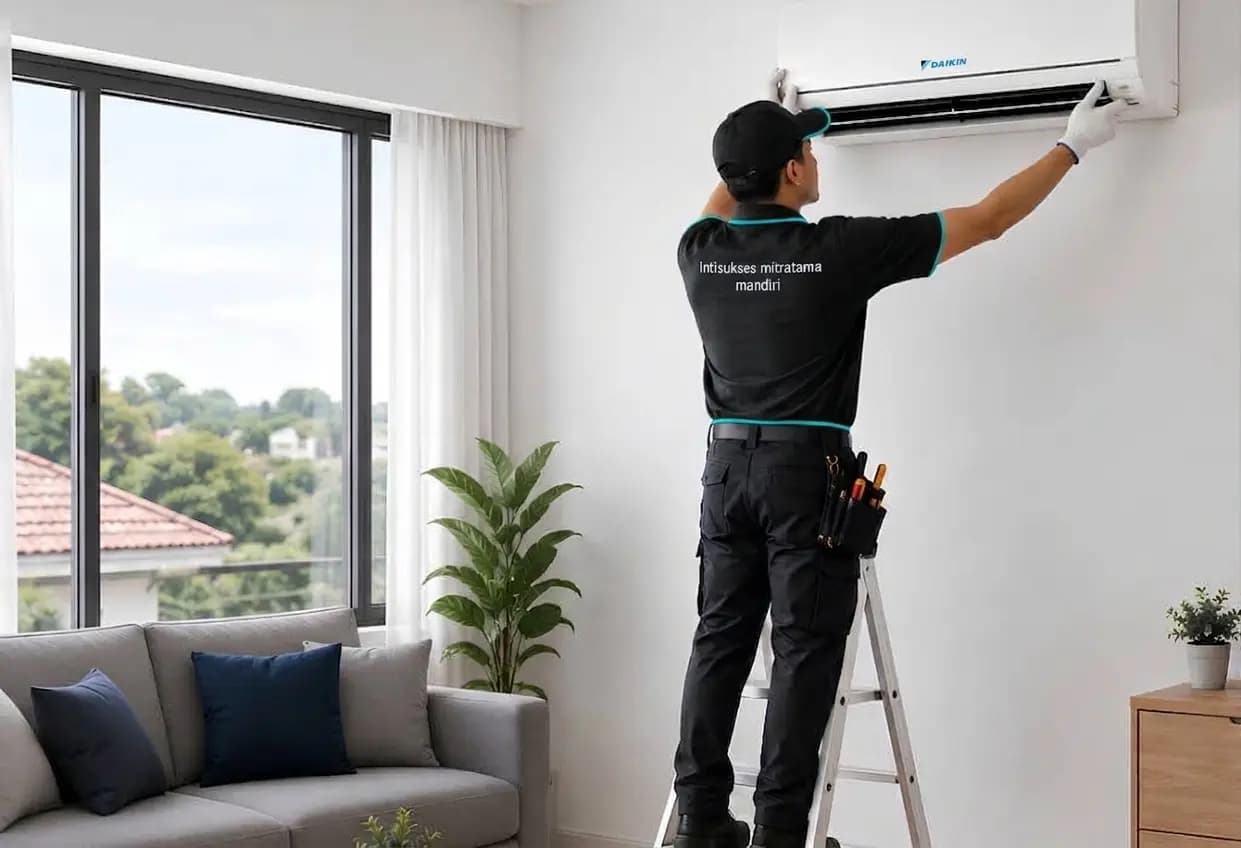 Teknisi profesional membersihkan unit AC split di dinding rumah